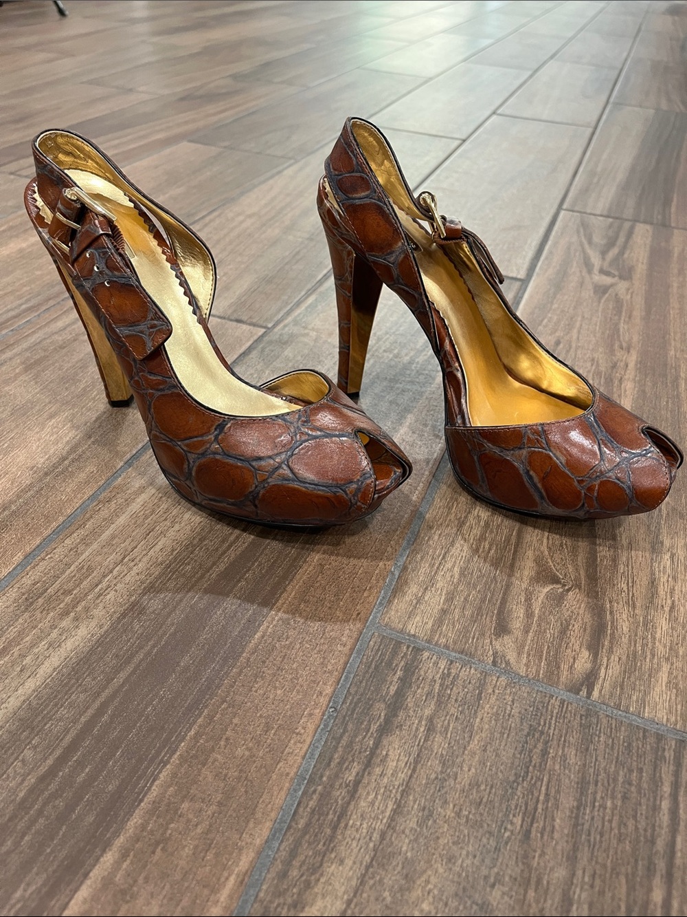 Brown Croc-Embossed Peep-Toe Slingback Heels